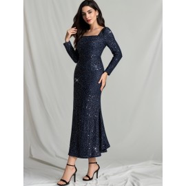 1pc Elegant Sequined Backless Maxi Dress for Women, Polyester Knit Fabric, Square Neckline, Solid Color, Versatile for All Seasons, Mother'S Wedding Party Gown