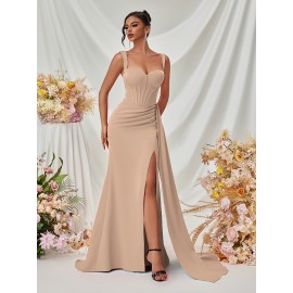 Elegant Spaghetti Strap Backless Gown with Thigh-High Slit - Perfect for Parties & Formal Events, Women's Evening Dress