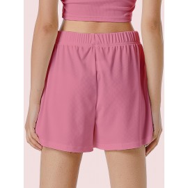 Sold Ribbed Elastic Waist Shorts, Casual Basic Shorts For Summer & Spring, Women's Clothing