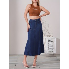 Dark Washed Women's Casual Midi Denim Skirt, Blue Jeans Style, Classic Fit