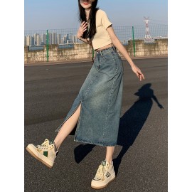 High-Waisted Vintage Midi Denim Skirt for Women – Cotton Blend Non-Stretch A-Line with Button Detail – Slim Fit Solid Color Straight Midi Skirt for Spring/Summer/Fall