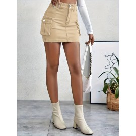 Plain Flap Pockets Cargo Denim Mini Skirt, High Stretch Double Button Washed Denim Skirt, Women's Denim Clothing