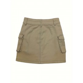 Plain Flap Pockets Cargo Denim Mini Skirt, High Stretch Double Button Washed Denim Skirt, Women's Denim Clothing