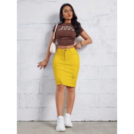 Hot Ripped High Waisted Bodycon Midi Denim Skirt, Women's Denim Jeans & Clothing