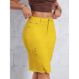 Hot Ripped High Waisted Bodycon Midi Denim Skirt, Women's Denim Jeans & Clothing