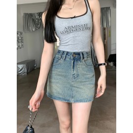 Chic High-Waist A-Line Denim Skirt with Built-In Liner - Casual, Non-Stretch, Machine Washable - Summer Fashion for Women