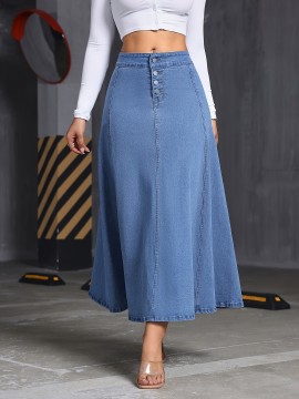 Comfy Stretchy Maxi Denim Skirt - Soft Washed Blue, Single-Breasted, Flattering Fit, Women's Denim Jeans & Clothing, Perfect for Casual Daily Wear, Versatile and Chic