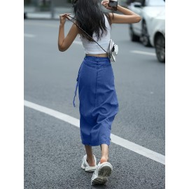 Women'S Elegant Denim Wrap Skirt - High Waist Lace-Up Slit Midi Skirt, Cotton Blend, Geometric Pattern, Woven Fabric, Non-Stretch for Spring/Summer/Fall