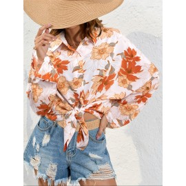 Floral Print Button Up Shirt, Vacation Lapel Neck Long Sleeve Loose Shirt, Women's Clothing
