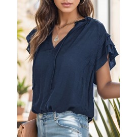 Women's Casual V Neck Tops Drawstring Short Sleeve T Shirt Blouses