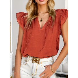 Women's Casual V Neck Tops Drawstring Short Sleeve T Shirt Blouses