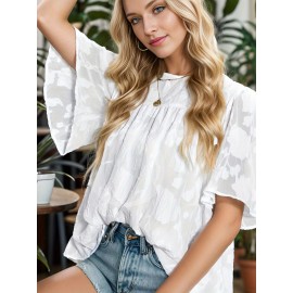 Womens 3/4 Bell Sleeve Blouse Summer Crewneck Lace Tops Floral Shirts