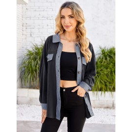 Drop Shoulder Button Front Shirt, Casual Long Sleeve With Pocket Shirt For Spring & Fall, Women's Clothing