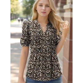 Floral Print Notched Neck Blouse, Casual Pleated Puff Sleeve Blouse For Spring & Summer, Women's Clothing